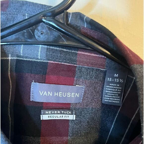 Van Heusen Mens Medium Regular Fit Gray Plaid Long Sleeve Button Up Shirt - Picture 2 of 4